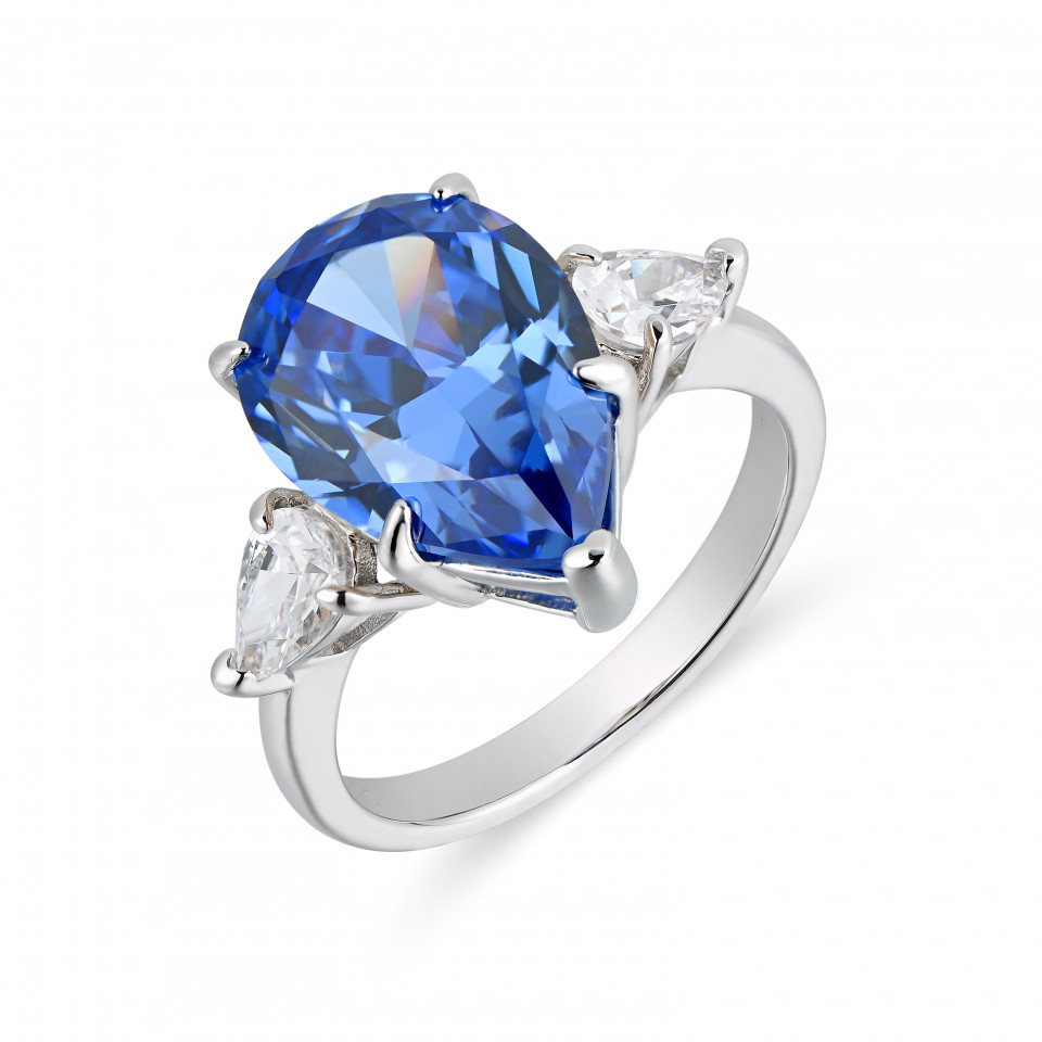 925 Sterling Silver Pear Cut Tanzanite Blue Creat Diamond Ring Two Sides Clear Heart Rhodium Plated Cz